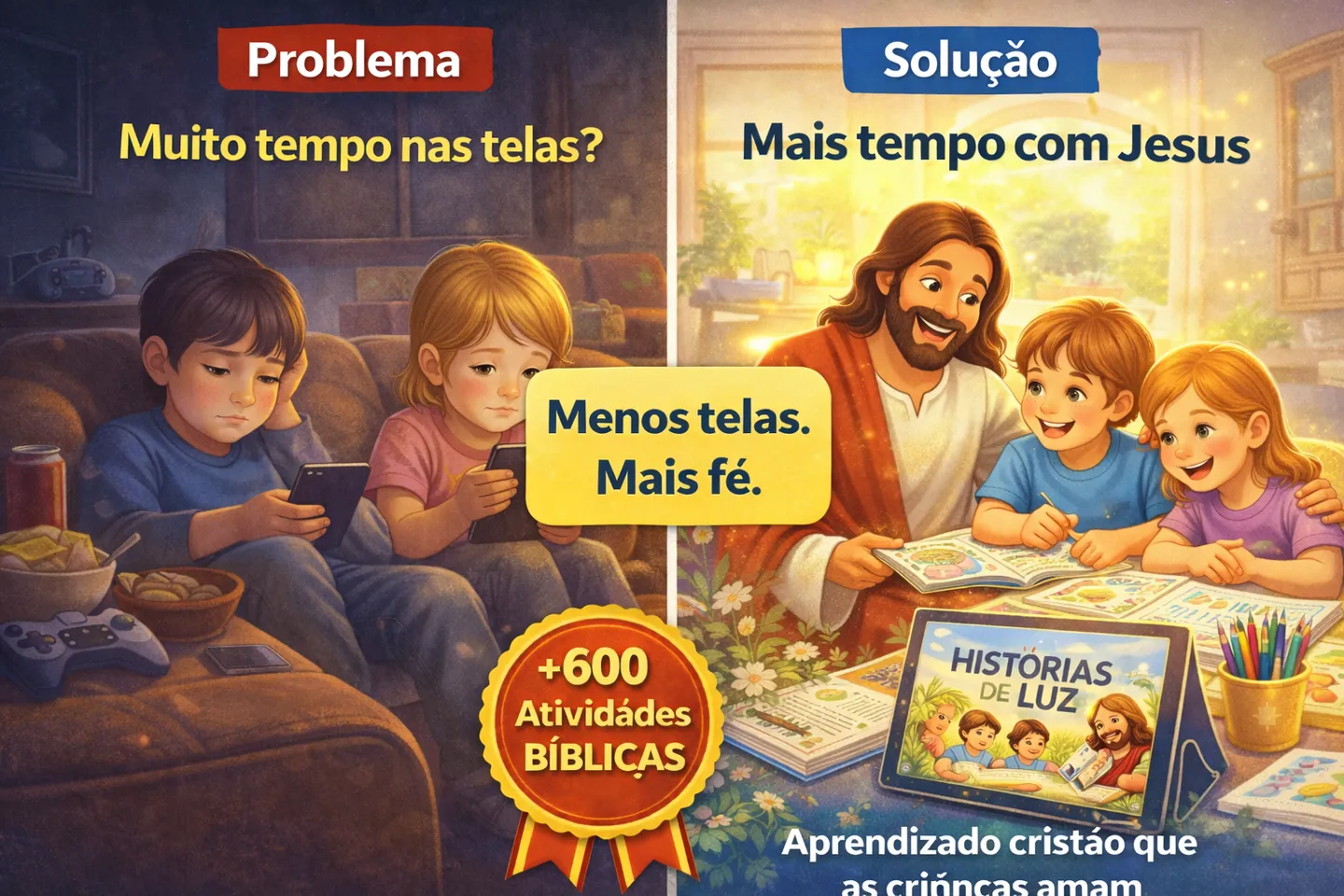 Crianças trocando as telas do celular por atividades bíblicas em família