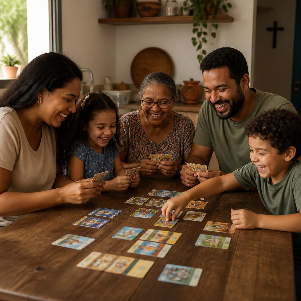 Família jogando o jogo de cartas bíblico ENCONTRE em volta da mesa