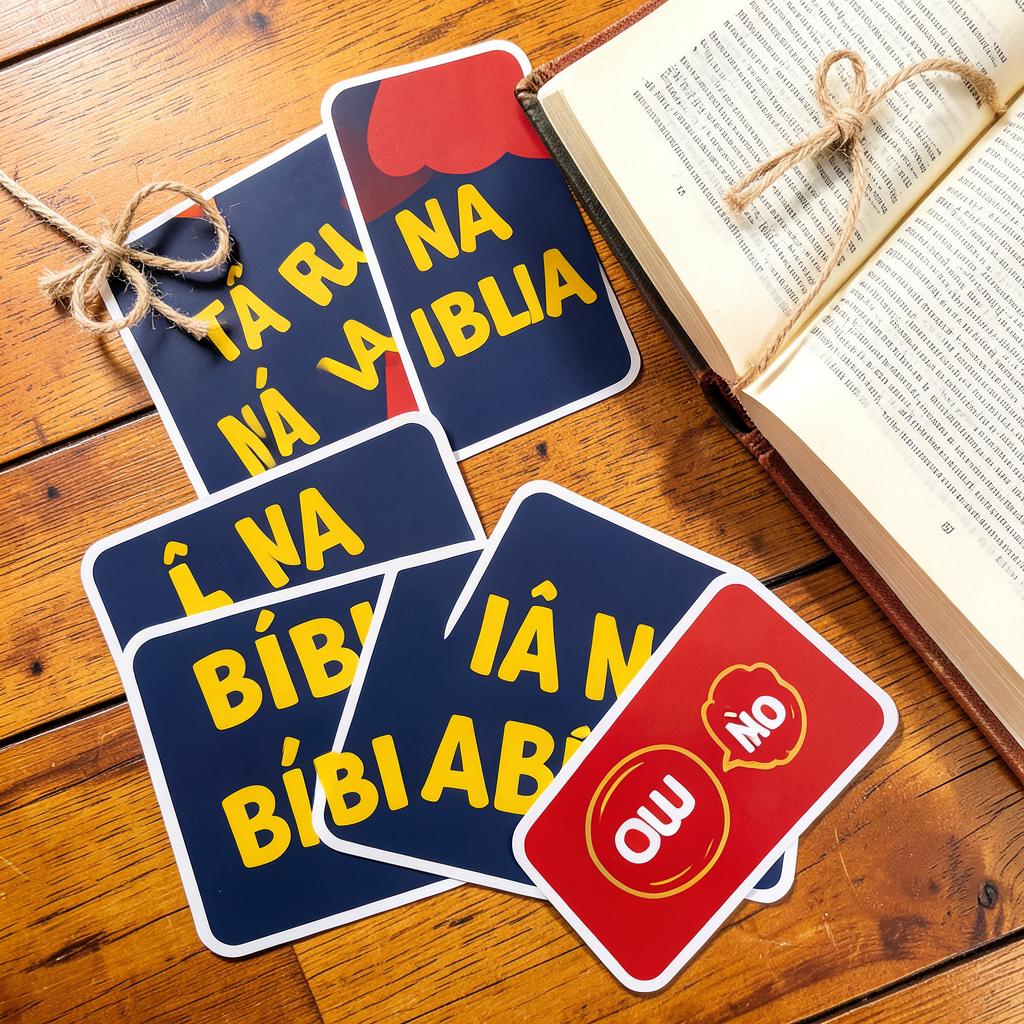 Cartas impressas do jogo Tá na Bíblia sobre uma mesa ao lado de uma Bíblia aberta